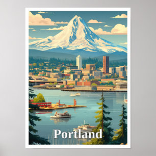 Portland Oregon Art Vintage Travel Illustration Poster
