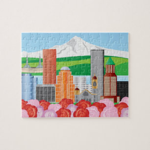 Portland Oregon Cityscape with Mount Hood and Rose Jigsaw Puzzle