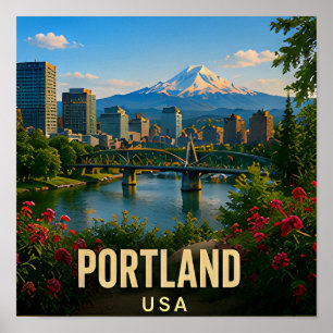 Portland Oregon Riverfront Mountain travel gift Poster