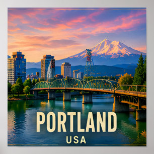 Portland Oregon Riverfront Mountain Travel Gift Poster