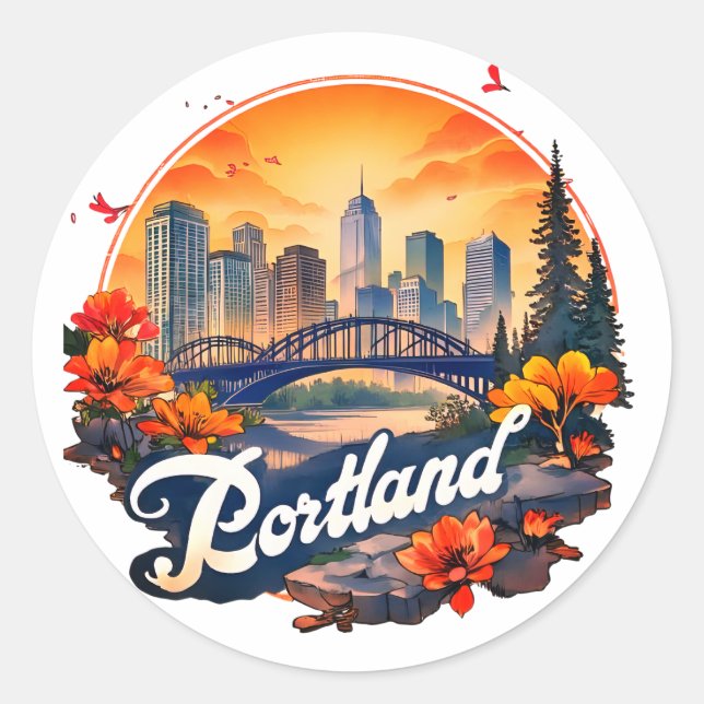 Portland Oregon Skyline Classic Round Sticker (Front)