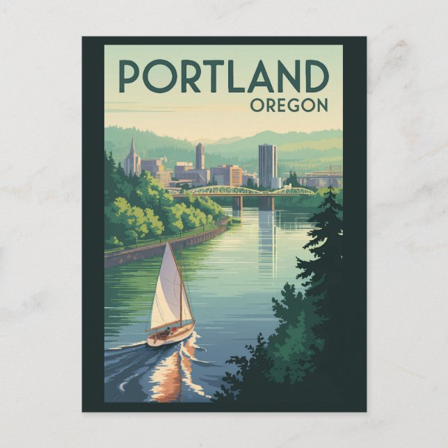 Portland Oregon Skyline Travel Art Vintage Postcard (Front)