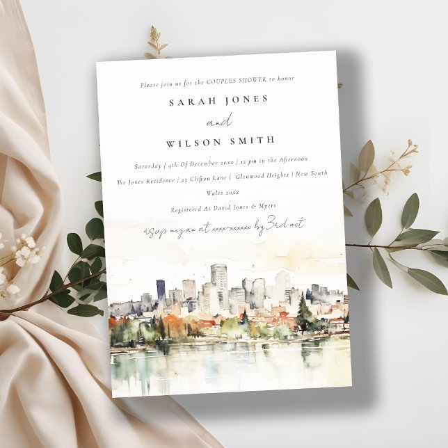 Portland Oregon Skyline Watercolor Couples Shower Invitation (Creator Uploaded)