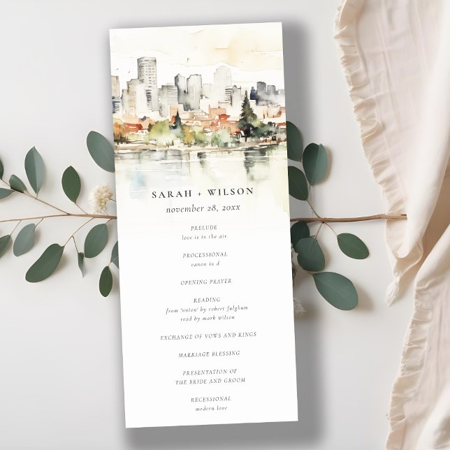 Portland Oregon Skyline Watercolor Wedding Program (Creator Uploaded)