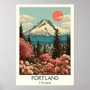 Portland Oregon Vintage Mt. Hood Cherry Blossom Poster