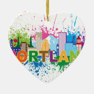 Portland Skyline Paint Splatter Illustration Ceramic Ornament