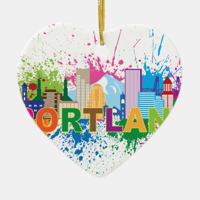 Portland Skyline Paint Splatter Illustration Ceramic Ornament (Front)