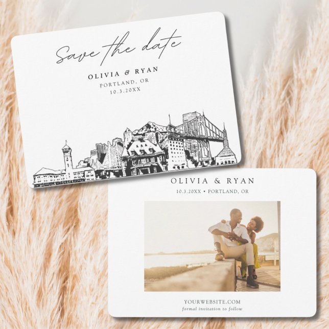 Portland Wedding Skyline Sketch Save the Date  Invitation (Portland Save the Date Black and White Skyline with Engagement Photo)