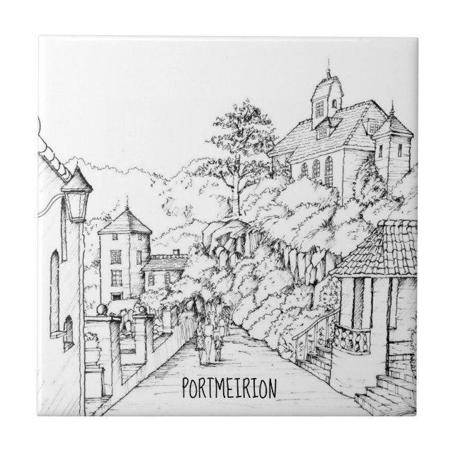 Portmeirion North Wales Pen and Ink Sketch Ceramic Tile (Front)