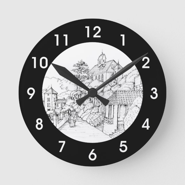 Portmeirion North Wales Pen and Ink Sketch Round Clock (Front)