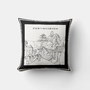 Portmeirion North Wales Pen Ink Sketch Black White Cushion