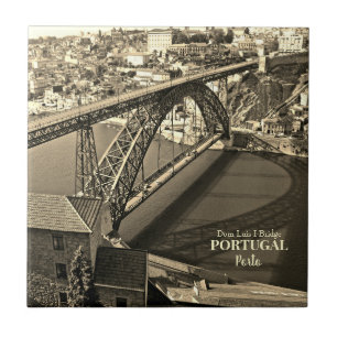 Porto bridge over Douro River, Portugal, sepia Ceramic Tile