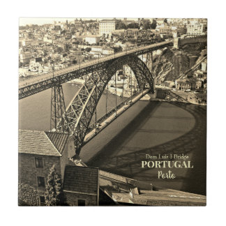 Porto bridge over Douro River, Portugal, sepia Ceramic Tile