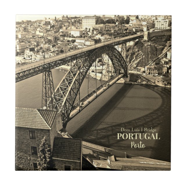 Porto bridge over Douro River, Portugal, sepia Ceramic Tile (Front)