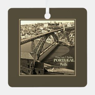Porto bridge over Douro River, Portugal, sepia Metal Tree Decoration