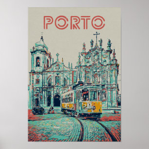 Porto city with tramway illustration Portugal Poster