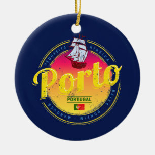 Porto in Portugal Ship Retro Sunset Vintage Ceramic Ornament