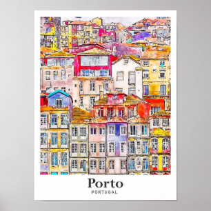 Porto Portugal Travel Watercolor Hand Drawn Poster