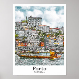 Porto Portugal Travel Watercolor Sketch Hand Drawn Poster