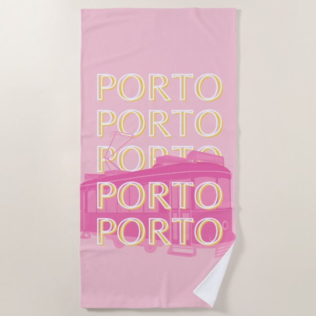 Porto Travel Art, Portugal, Pink, Preppy Beach Towel (Front)