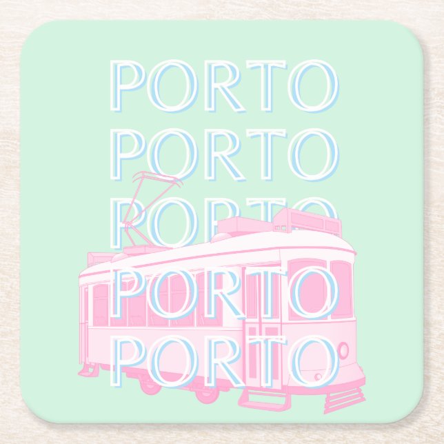 Porto Travel Art, Portugal Travel Art, Pastel Square Paper Coaster (Front)