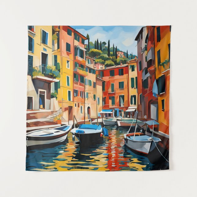 Portofino Italy Colourful Modern Art Boats Tapestry (Front)