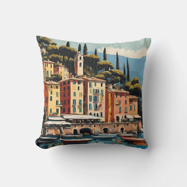 Portofino Italy Mediterranean Waterscape Art Cushion (Front)