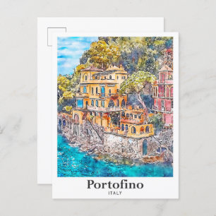 Portofino Italy Travel Watercolor Hand Drawn Postcard