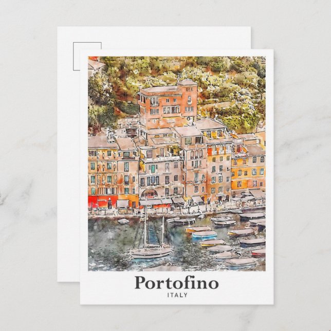 Portofino Italy Travel Watercolor Hand Drawn Postcard (Front/Back)