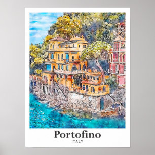 Portofino Italy Travel Watercolor Hand Drawn Poster