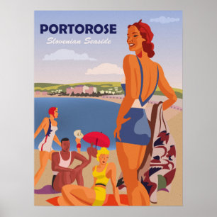 Portorose, girls on the beach, vintage travel poster