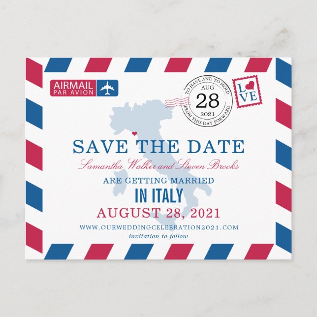 Portovenere Italy Red Blue Airmail Save The Date Announcement Postcard (Front)