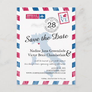 Portovenere Italy Red Blue Airmail Save The Date Announcement Postcard