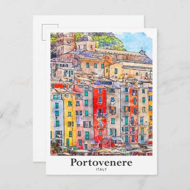 Portovenere Italy Travel Watercolor Hand Drawn Postcard (Front/Back)