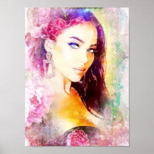 Portrait aquarelle femme fleur poster