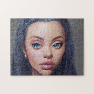 Portrait Blue Hair Eyes Smile Young Woman  Jigsaw Puzzle