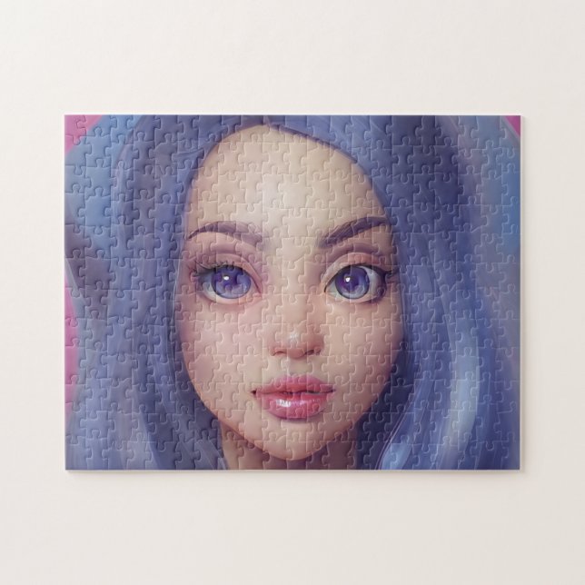 Portrait Blue Hair Eyes Smile Young Woman Jigsaw Puzzle (Horizontal)