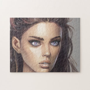 Portrait Brunette Blue Eyed Young Woman Jigsaw Puzzle