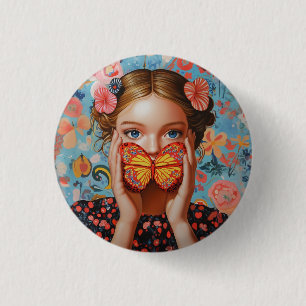 Portrait Butterfly Girl in a Floral Wonderland 3 Cm Round Badge
