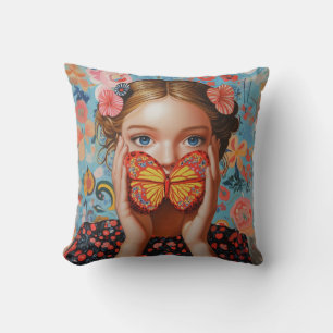 Portrait Butterfly Girl  in a Floral Wonderland Cushion