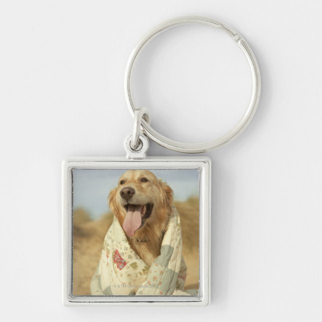 Portrait dog on beach under quilt. Fall Key Ring (Front)