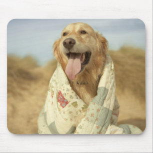 Portrait dog on beach under quilt. Fall Mouse Pad