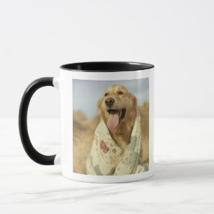 Portrait dog on beach under quilt. Fall Mug