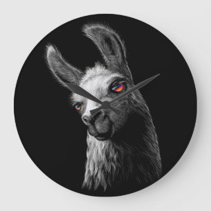 Portrait Head Cute Llama On Black Background Groce Large Clock