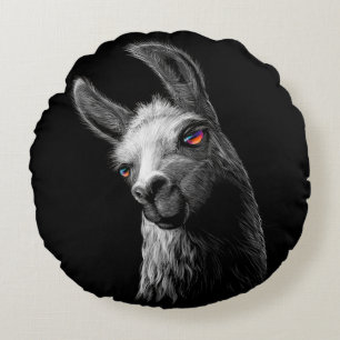 Portrait Head Cute Llama On Black Background  Round Cushion