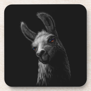 Portrait Head Cute Llama with a Black Background Coaster