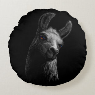 Portrait Head Cute Llama with Black Background Round Cushion