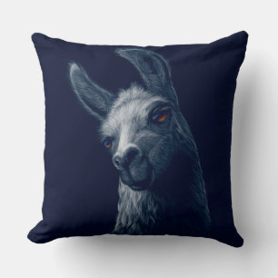 Portrait Head Cute Llama with Navy Background Cushion
