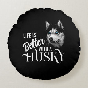 Portrait Head Siberian Husky With Blue Eyes  Round Cushion