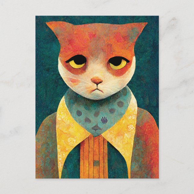 Portrait Illustration Of A Sad Ginger Cat Postcard (Front)